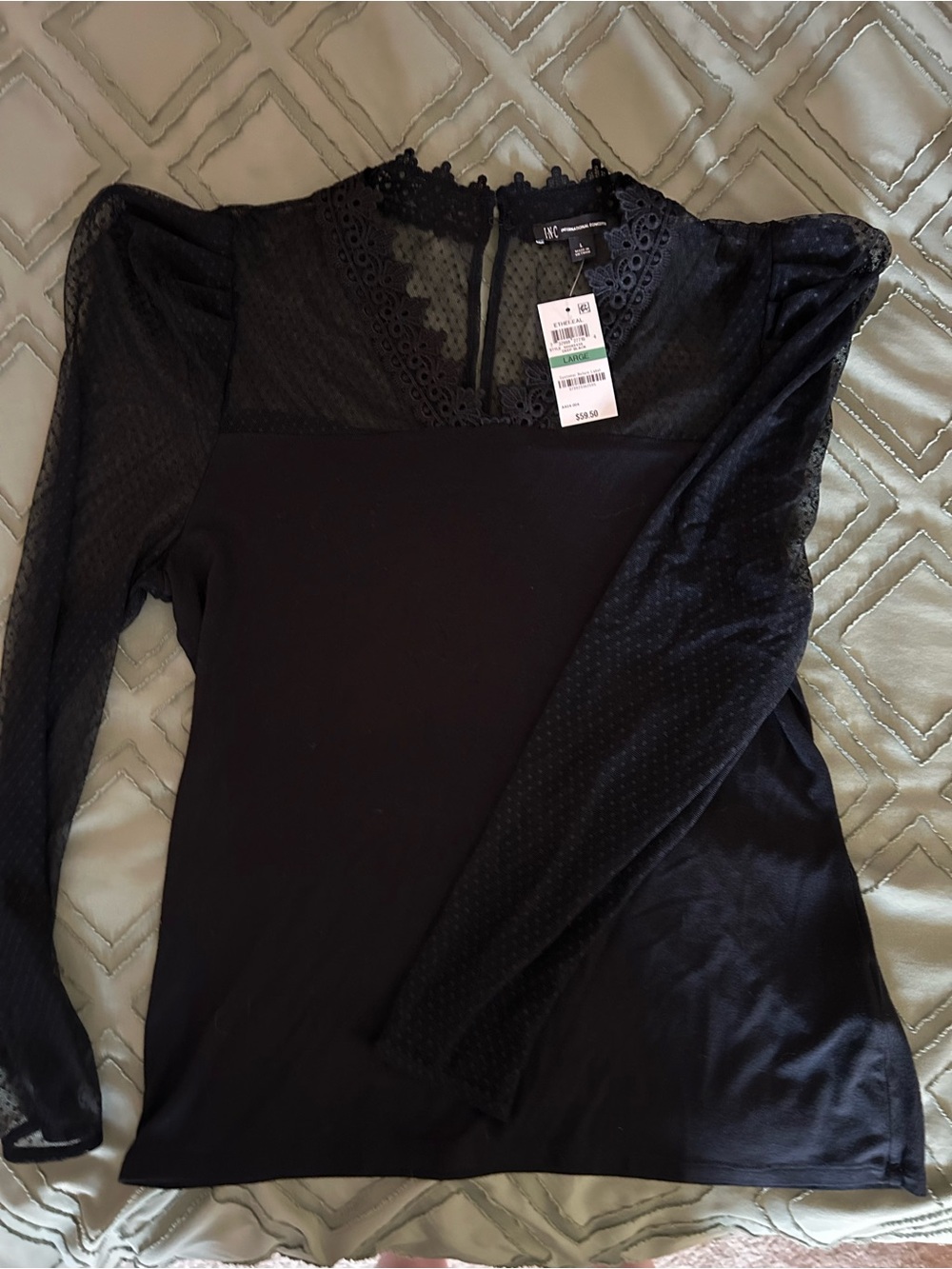 INC Black Lace Yoke Long Sleeve Top